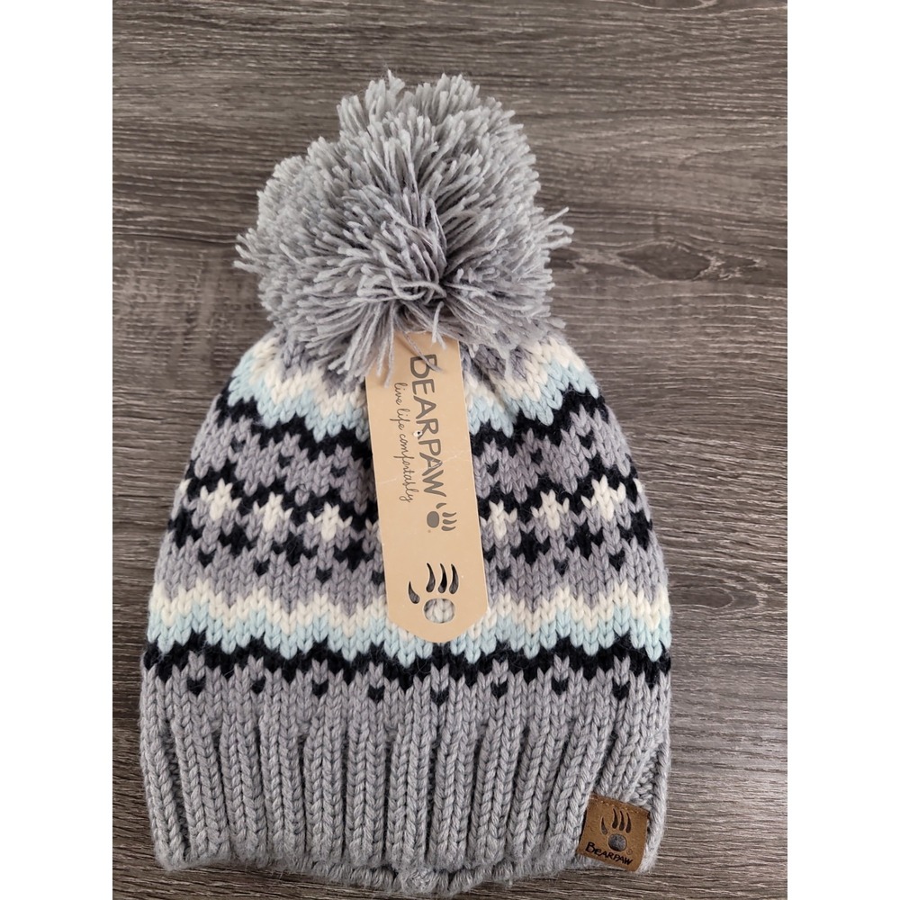 Bearpaw Women's Fair Isle Pattern Knit Pom Pom Beanie Hat Grey One Size NWT